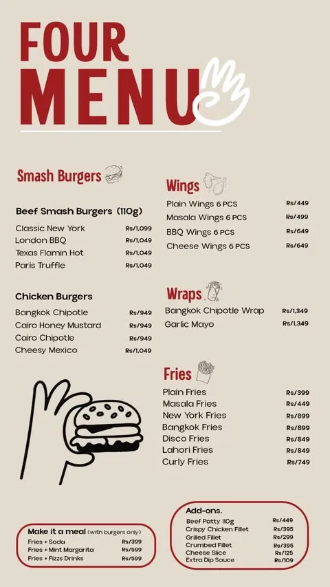 FOUR Menu — Smash Burgers, Chicken Burgers, Wings, Wraps and Fries