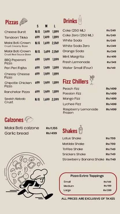 FOUR Menu — Pizzas, Calzones, Drinks, Fizz Chillers and Shakes